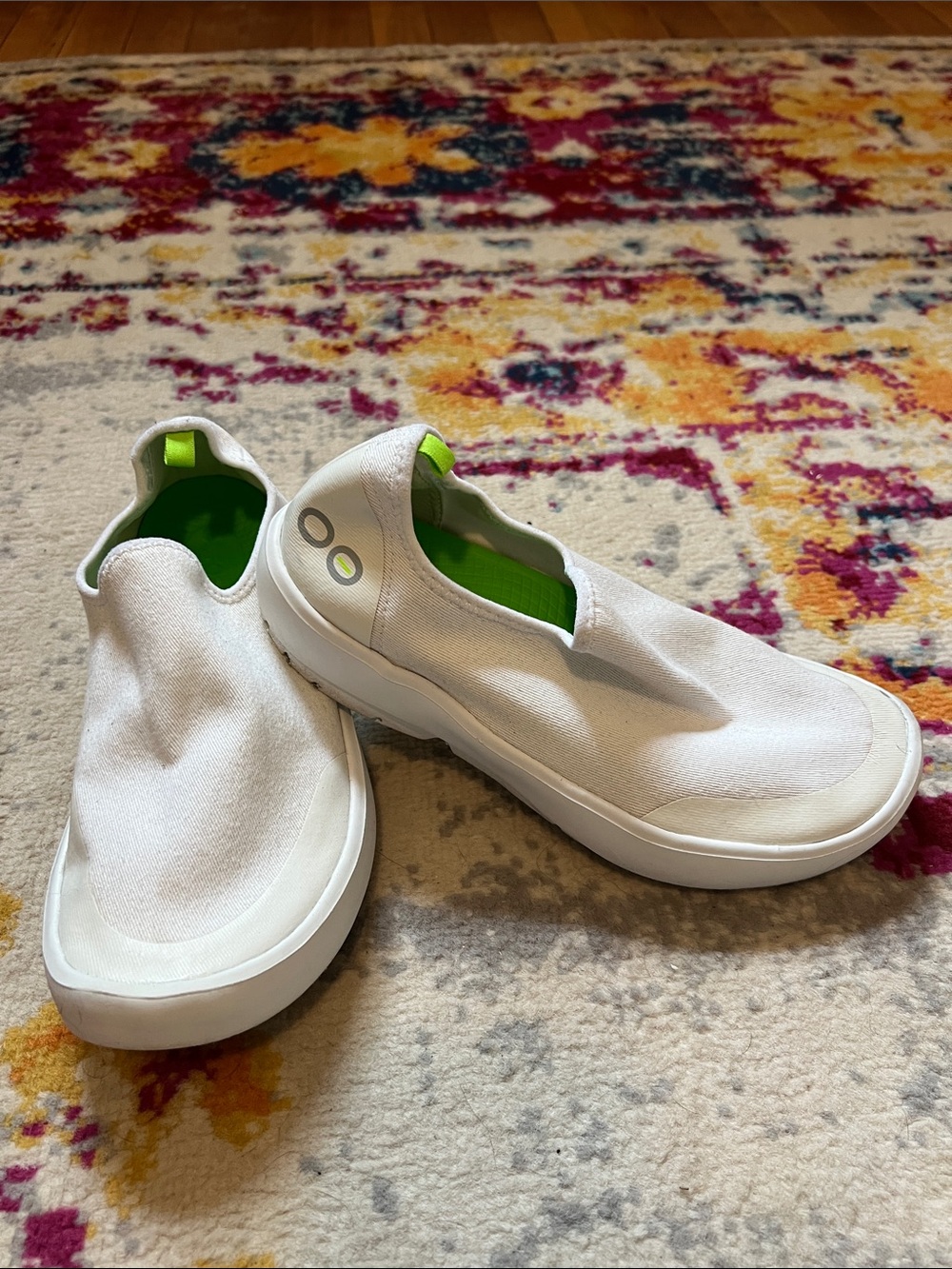 OOFOS White Slip-On Sneakers with Lime Green Interior